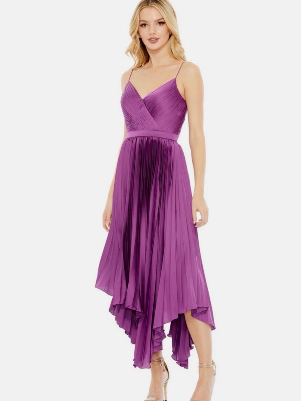 Leena for Mac Duggal amethyst Pleated Spaghetti Strap Midi Dress